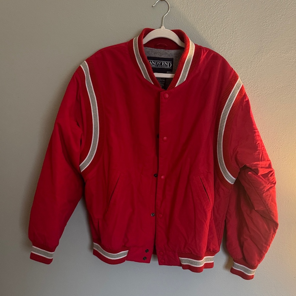 Lands' End Red Men’s Varsity Bomber Jacket with White Trim
